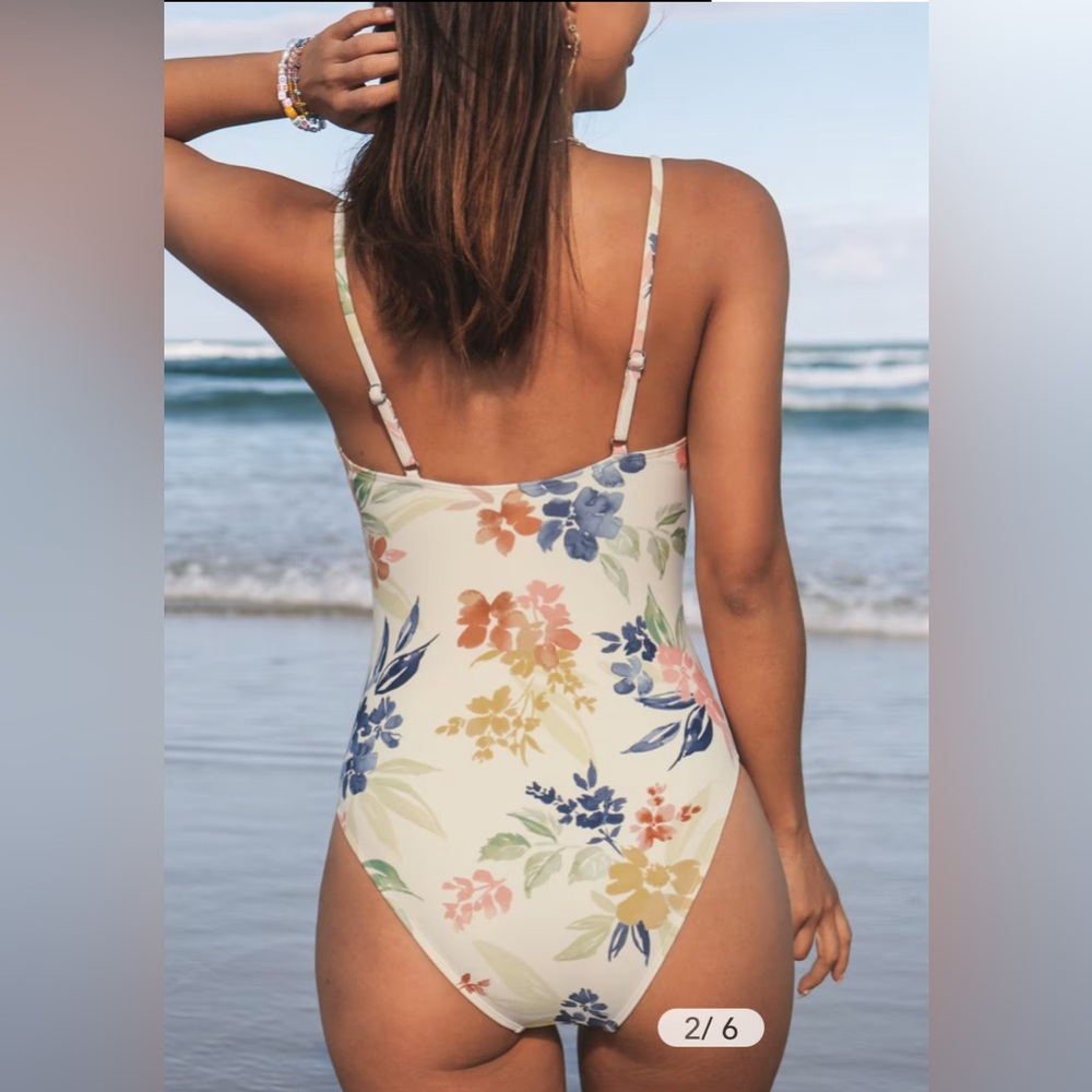 NWT Cupshe Cream Floral Tie Front Keyhole Cutout One Piece Swimsuit - L